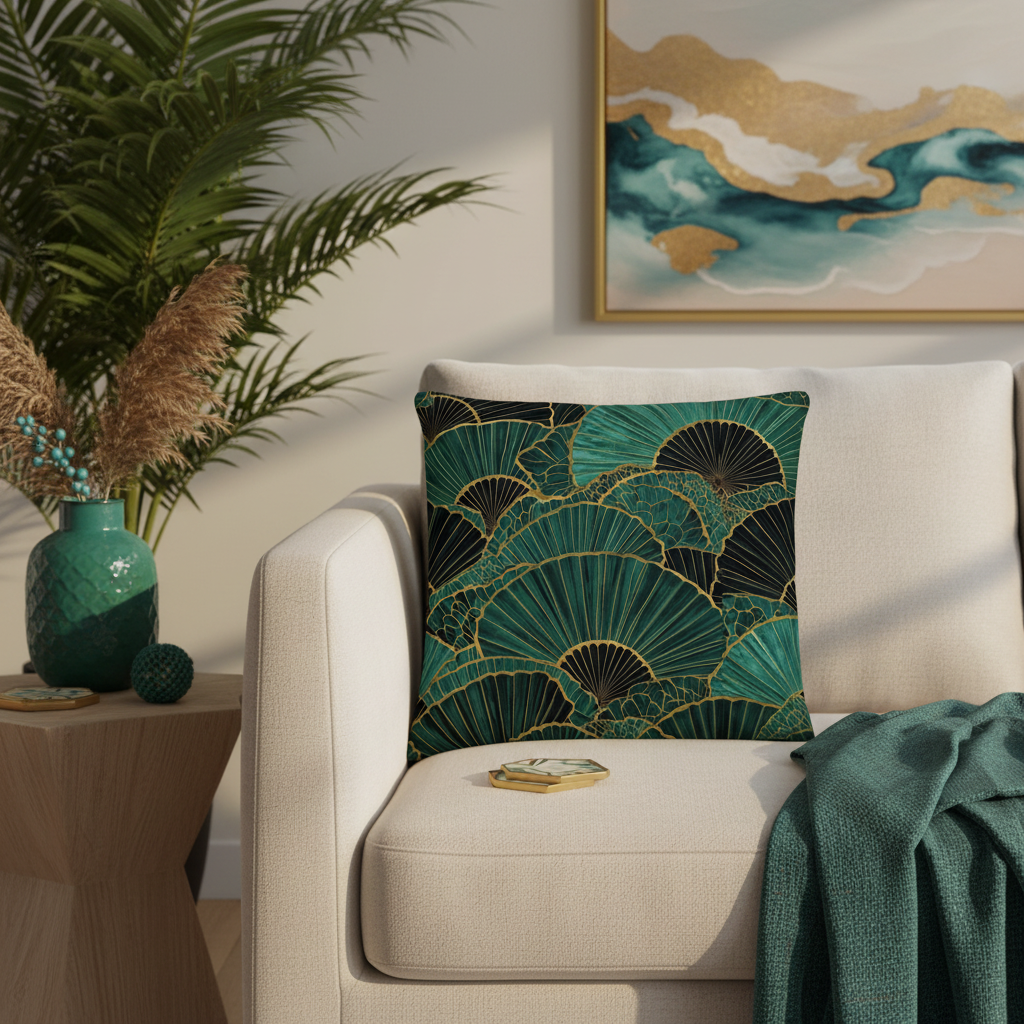 Emerald pillow with vase and plant decor