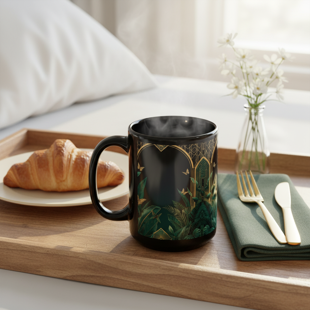Emerald Plants mug on breakfast tray with croissant