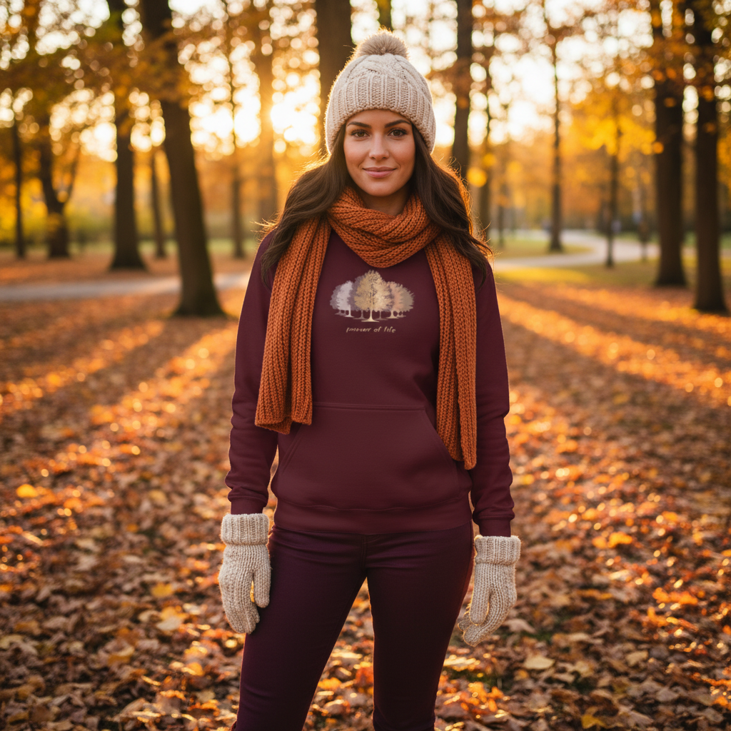 Empowered woman in maroon power of life hoodie with burgundy outfit in autumn outdoor setting