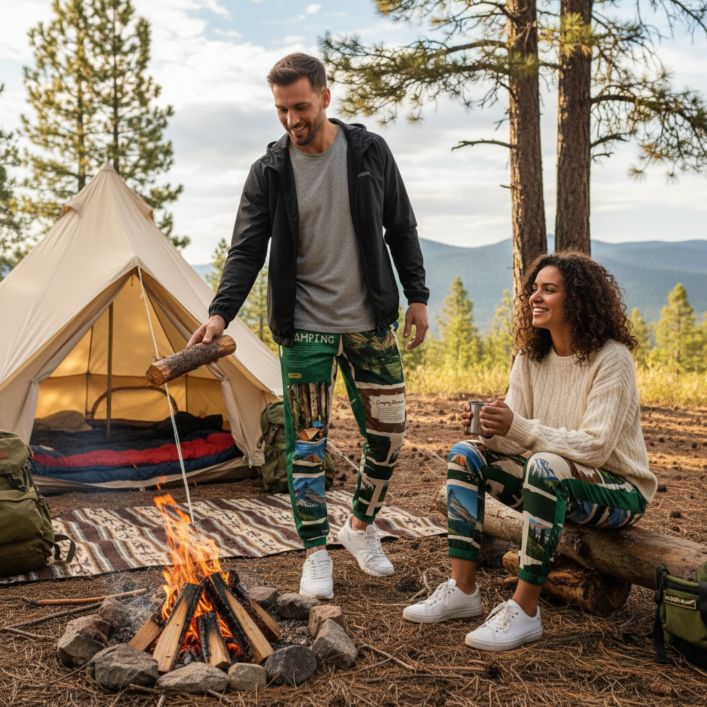 European couple camping together wearing camping track pants