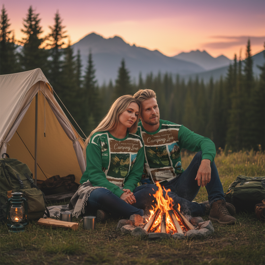 European couple camping together wearing matching green camping sweatshirts
