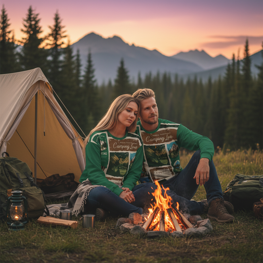 European couple camping together wearing matching green camping sweatshirts