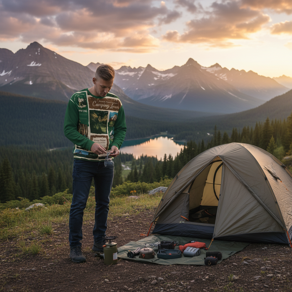 European man camping in mountains wearing green camping sweatshirt
