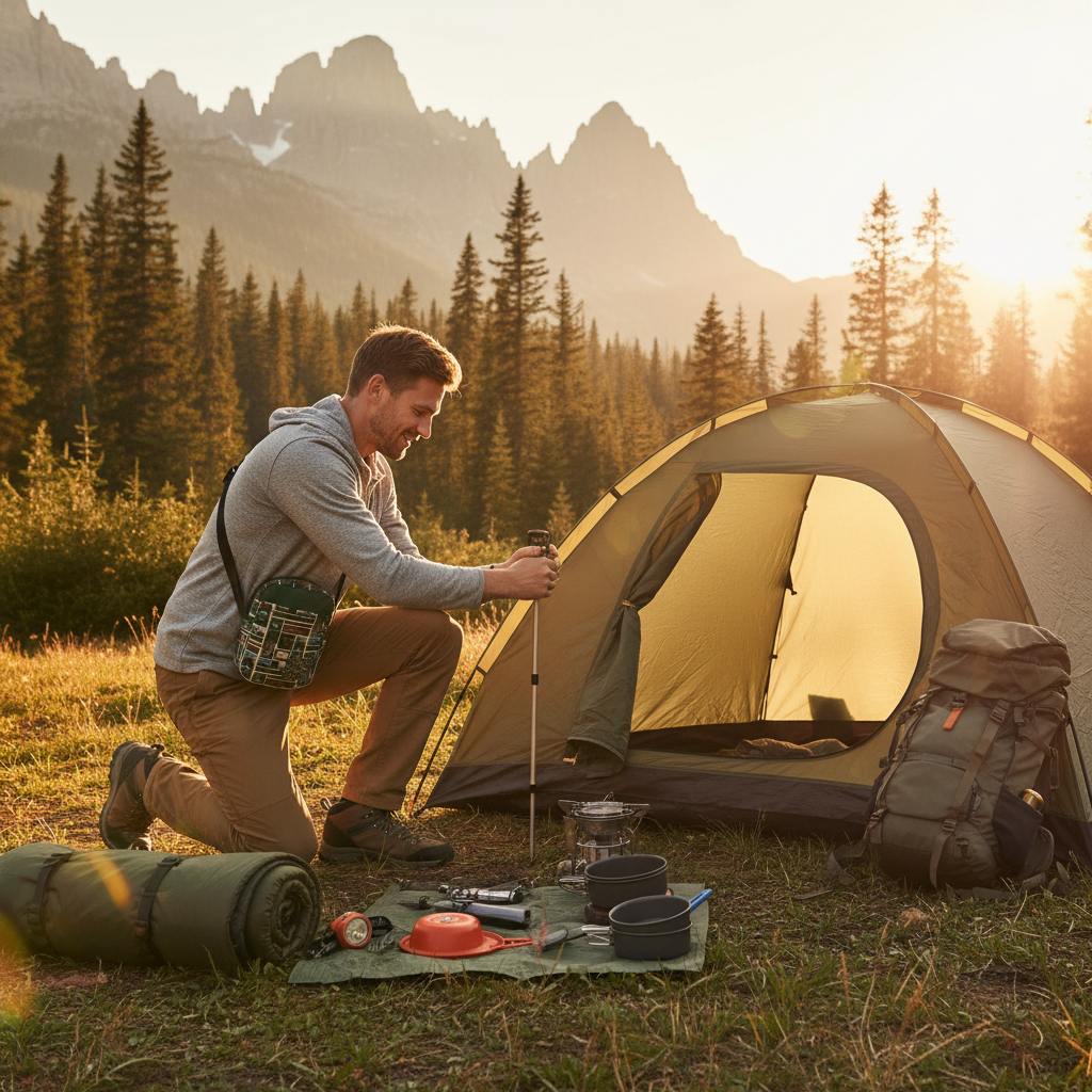 European man camping with utility bag