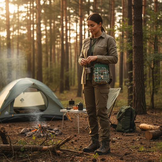 European woman camping with crossbody bag close-up