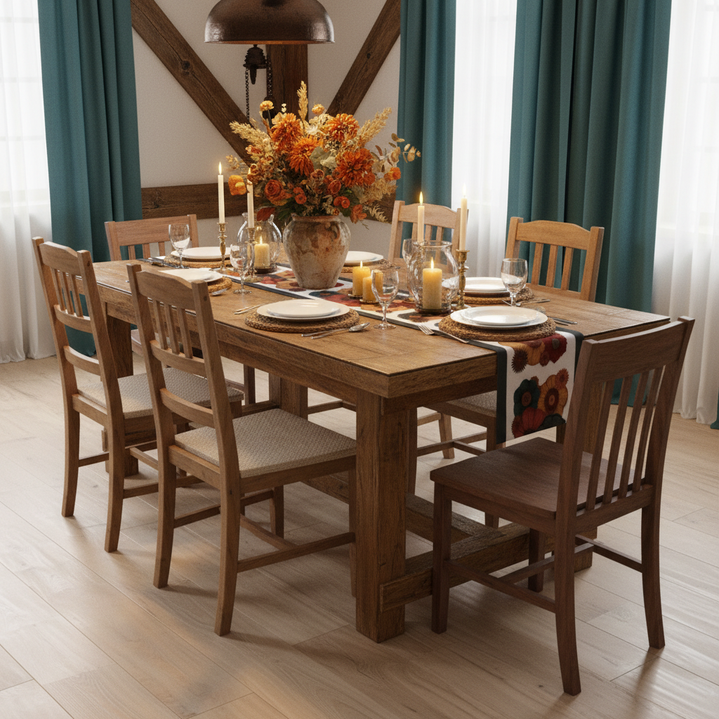 Farmhouse with orange rust gold flowers and teal curtains