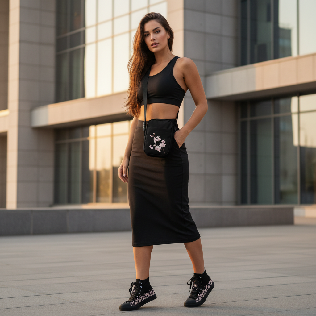 Fashionable woman in black athleisure with cherry blossom accessories