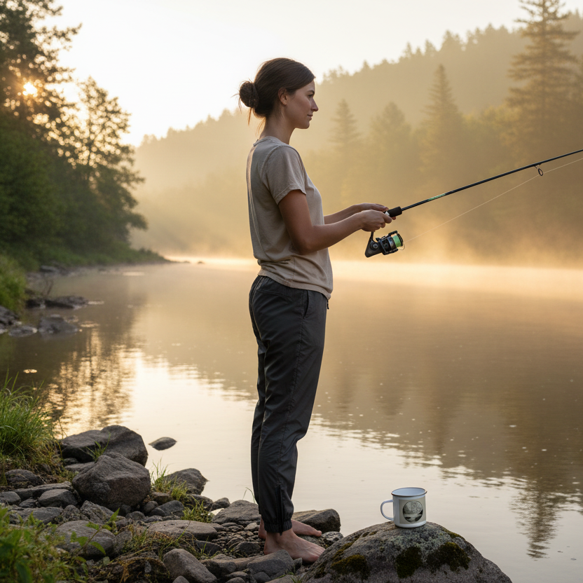 Fishing scene Woman Catch fish and have an enamel mug. Time by the river in the morning 