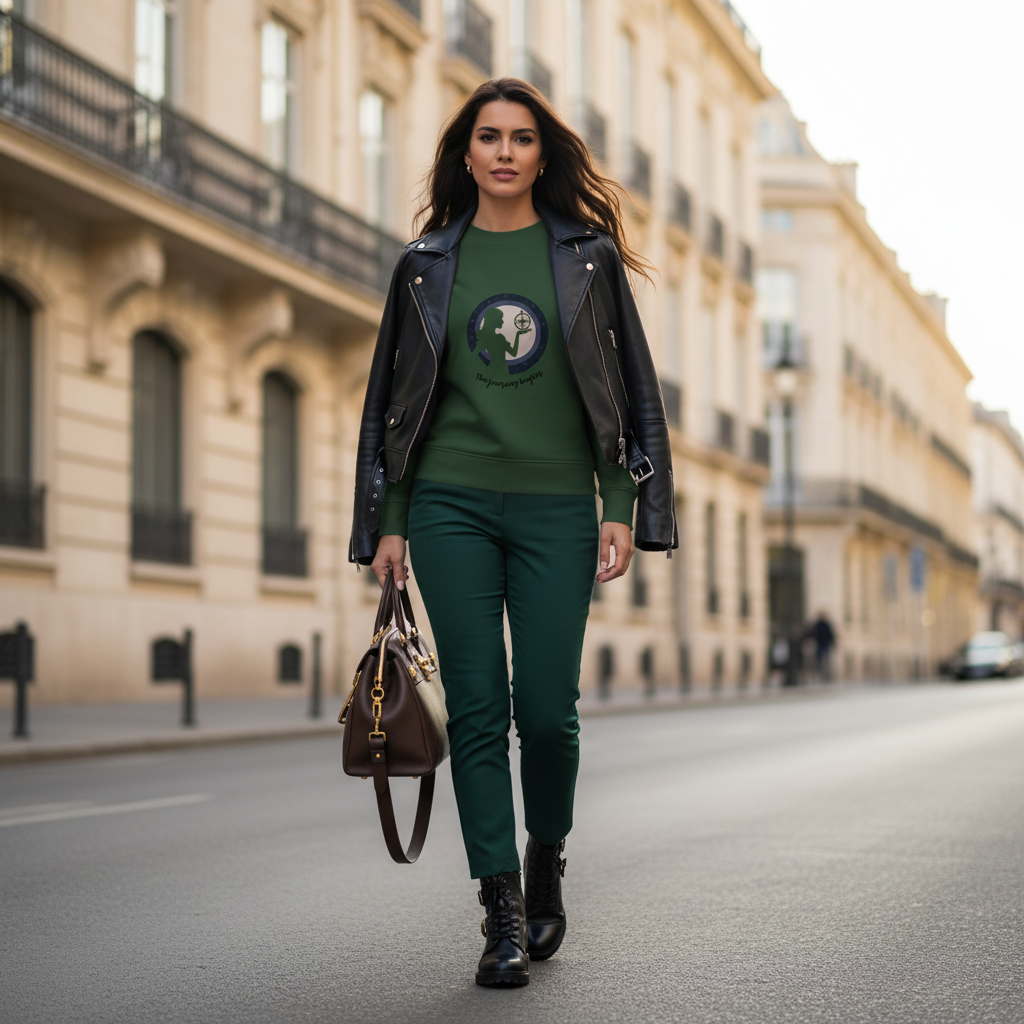 Forest green journey begins sweatshirt black leather jacket green tailored pants black boots luxury handbag edgy