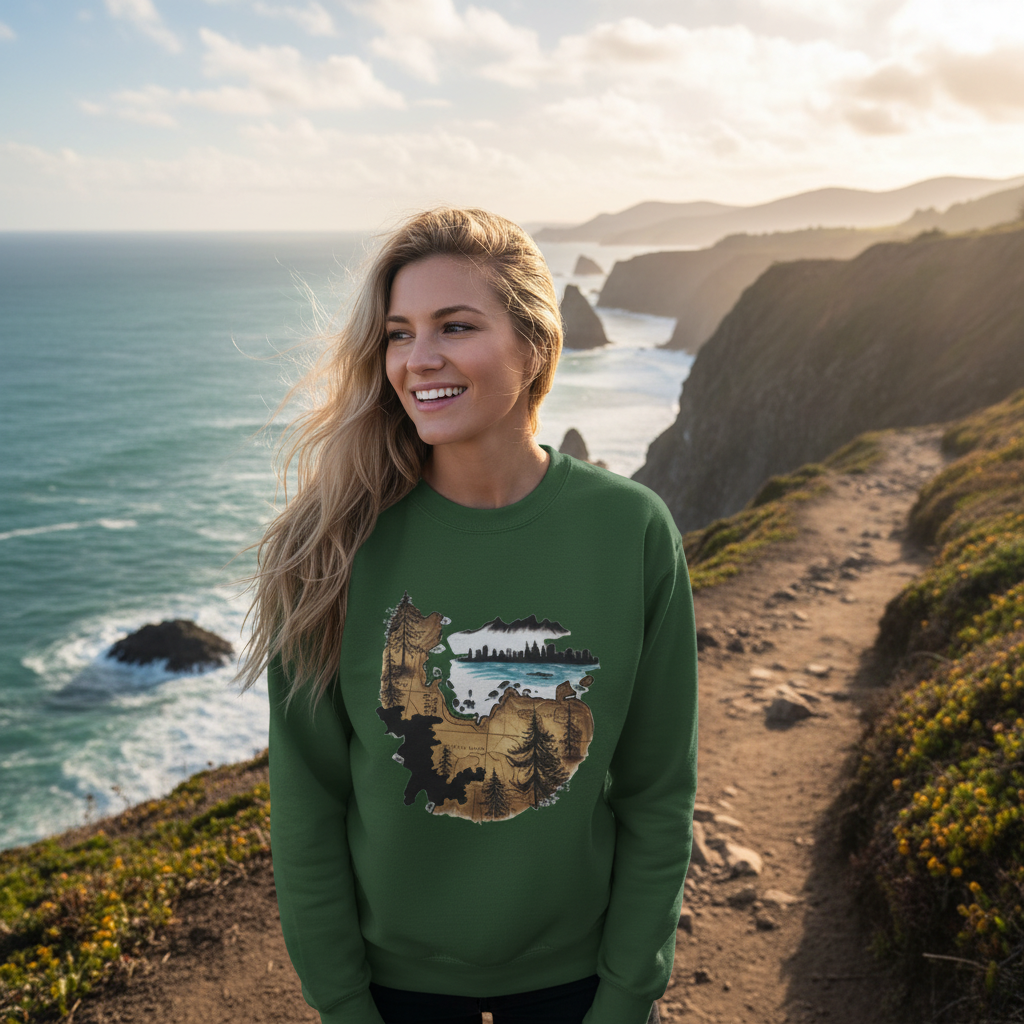 Forest green sweatshirt coastal cliff trail ocean view
