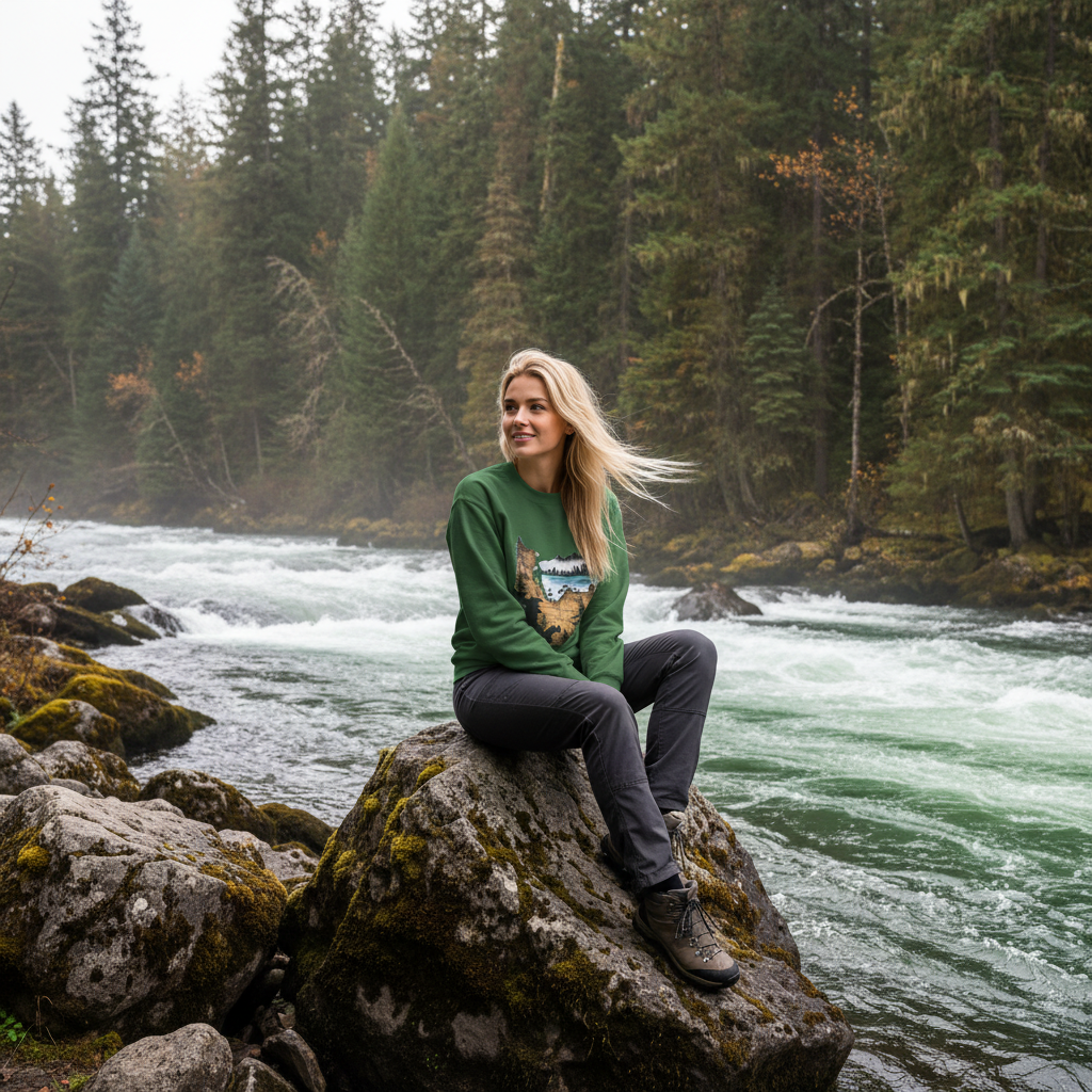 Forest green sweatshirt wild river rapids ancient rocks