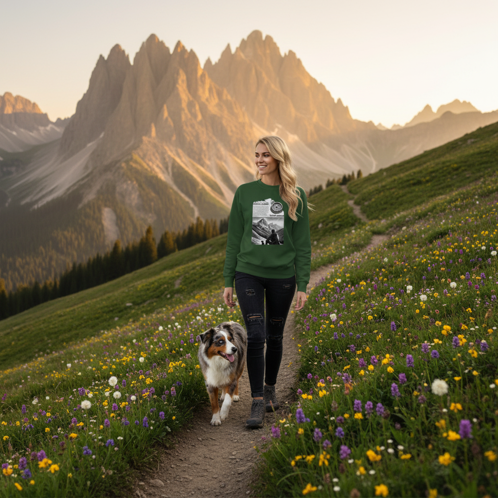 Forest green Travel Journal sweatshirt mountain trail with Australian shepherd