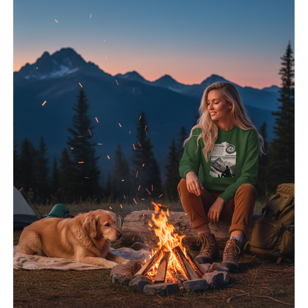 Forest green Travel Journal sweatshirt with brown corduroy pants campfire
