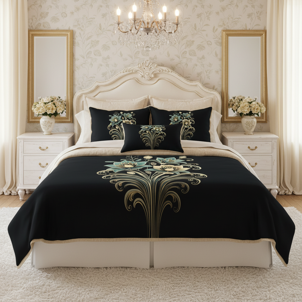 French country queen bedroom sage gold botanical comforter pillows chandelier mirrors romantic