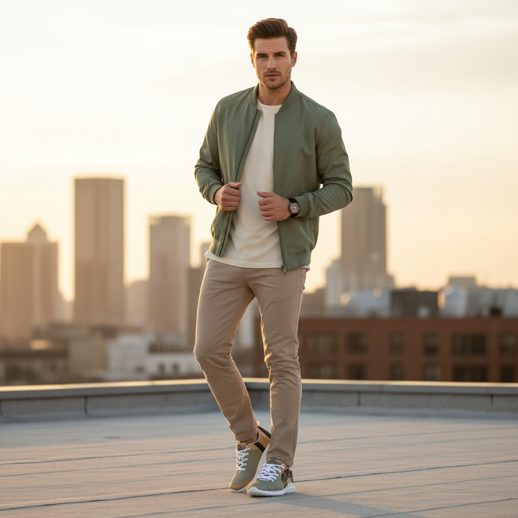 Full body shot of handsome modern man wearing earth tones athletic shoes with white sole and gold compass design, coordinated beige chinos and sage green bomber jacket, golden hour light