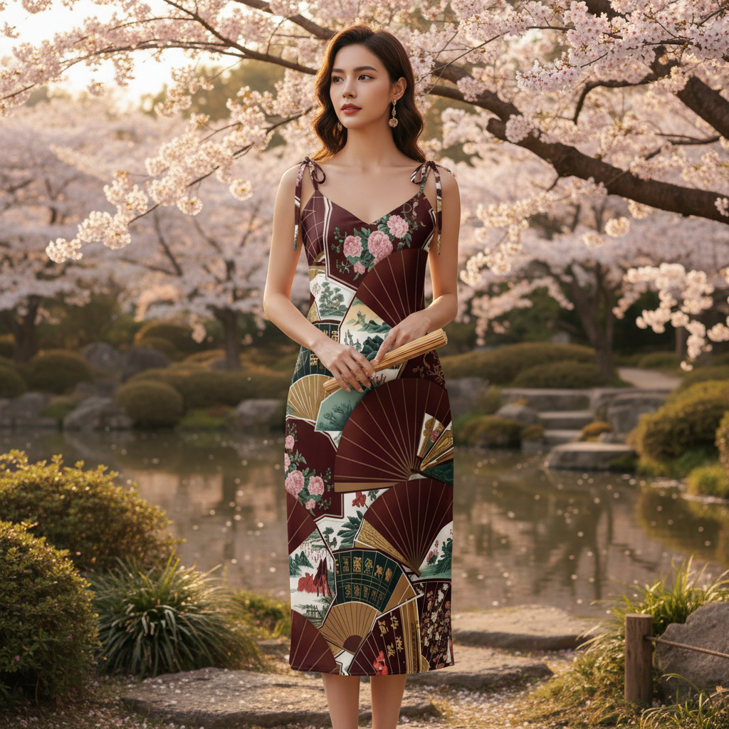 Chinese Fans Tie-strap midi dress - Zen garden lifestyle photography with Asian elegance and minimalist aesthetic

