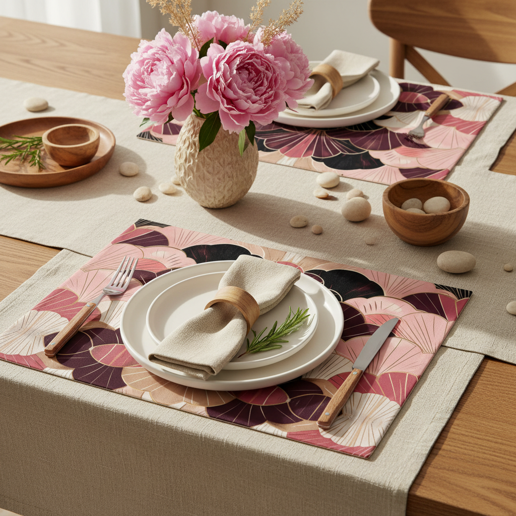 Geometric placemats on beige linen with wood and decorations