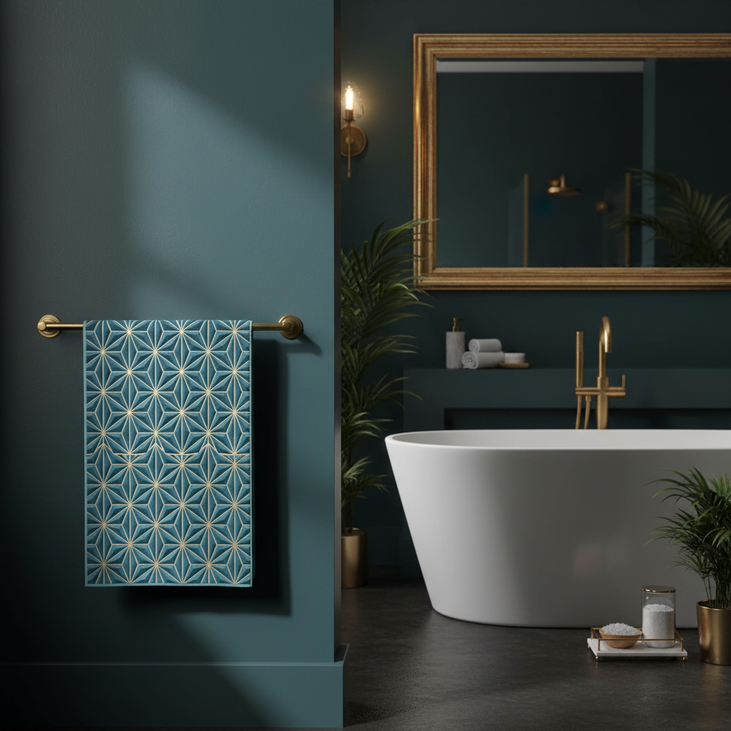 Geometric star pattern towel in dark moody bathroom with gold fixtures