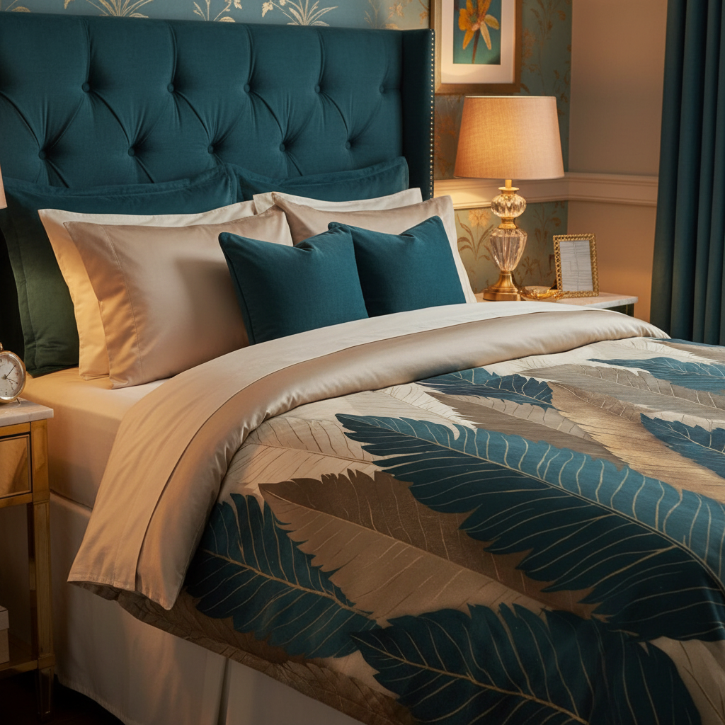 Glamorous bedroom with botanical duvet on twin XL bed and gold accents