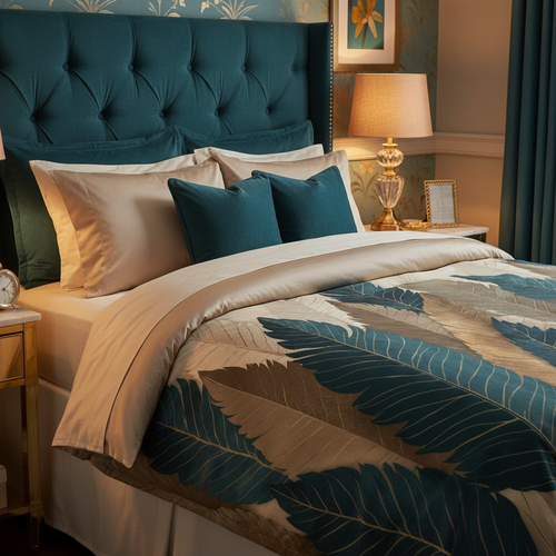 Glamorous bedroom with botanical duvet on twin XL bed and gold accents