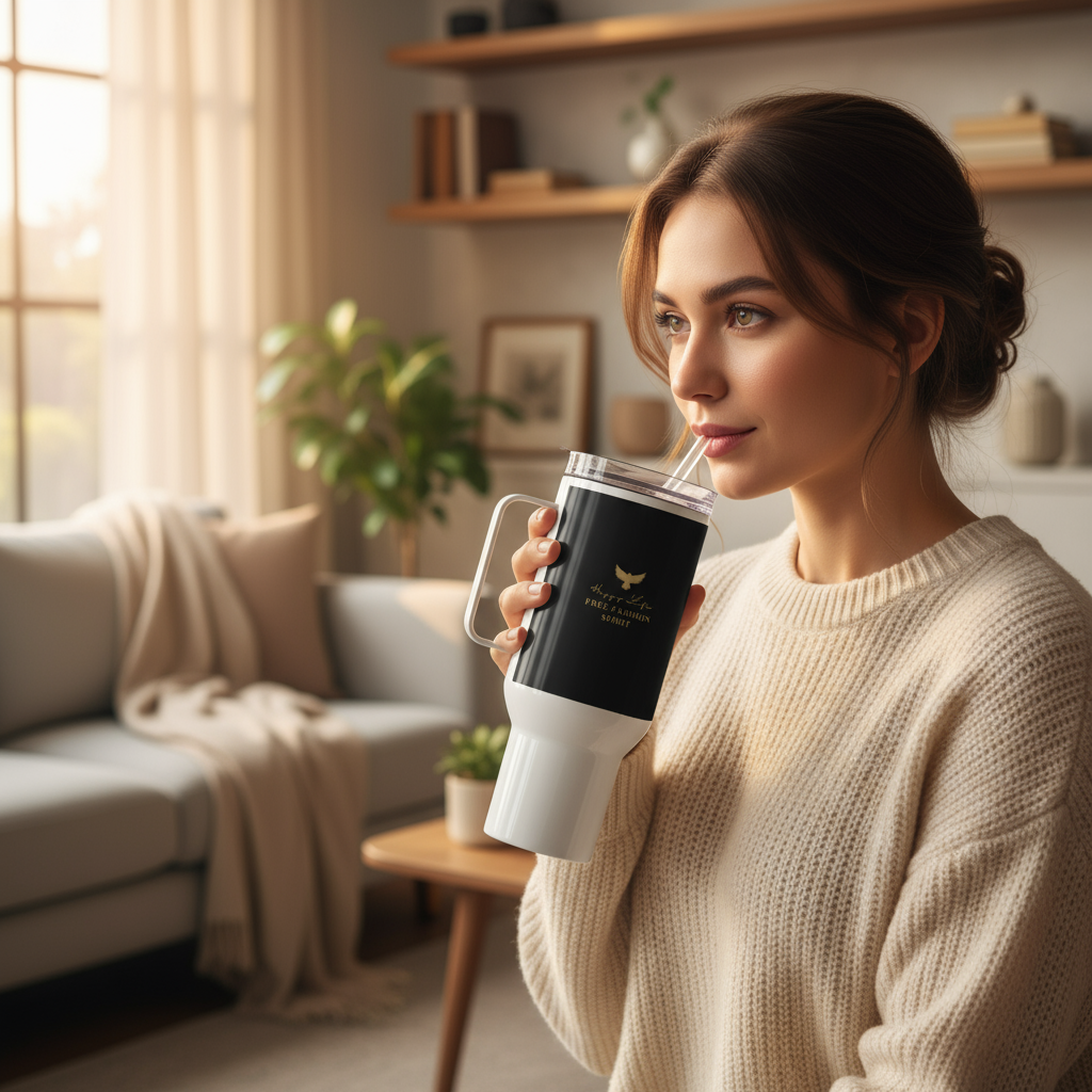 Golden Bird Travel Mug Woman Close-up Interior