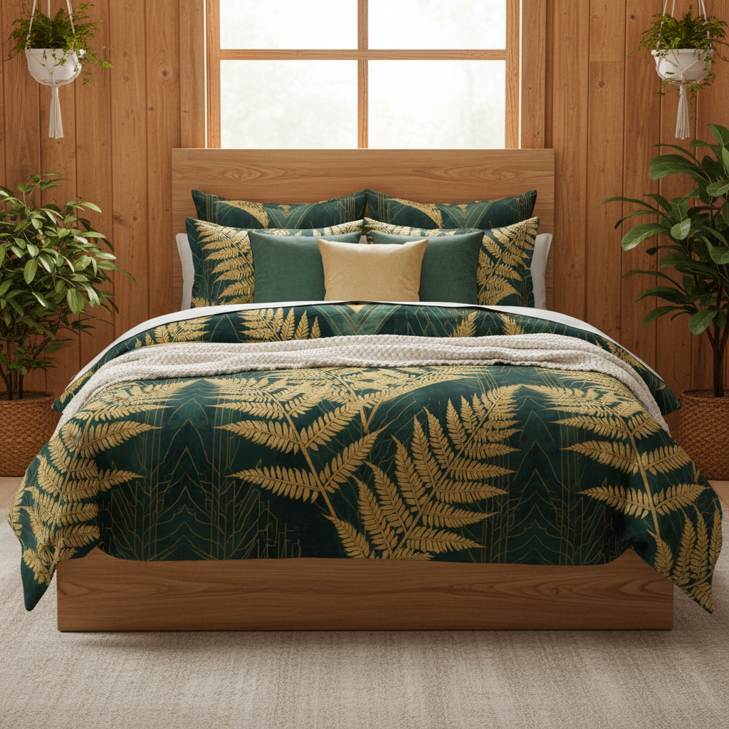 Golden fern comforter with clear pattern in natural wood bedroom