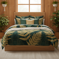 Golden fern comforter with clear pattern in natural wood bedroom