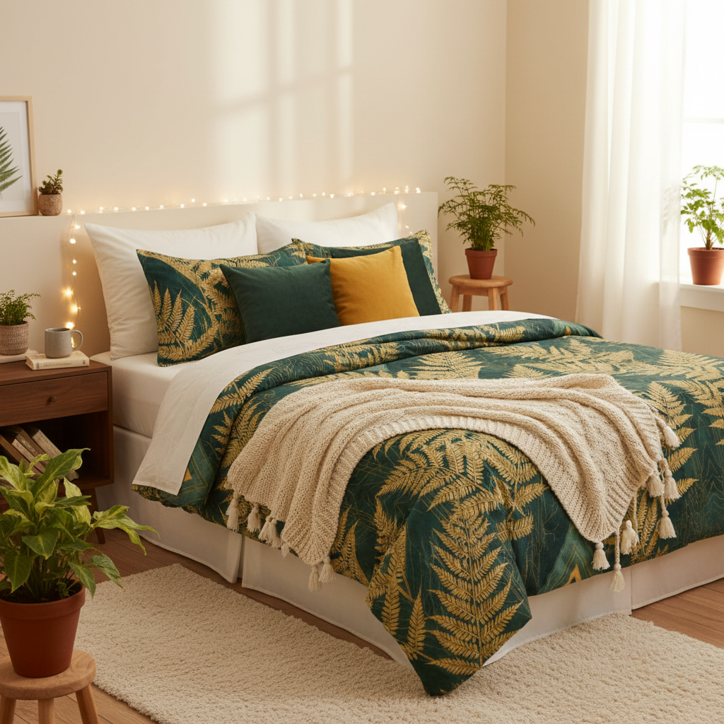 Golden fern king comforter in warm cozy bedroom