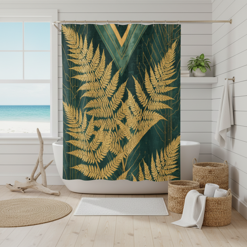 Golden fern shower curtain in bright coastal bathroom with ocean views