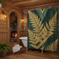 Golden fern shower curtain in cozy mountain log cabin bathroom with clawfoot tub