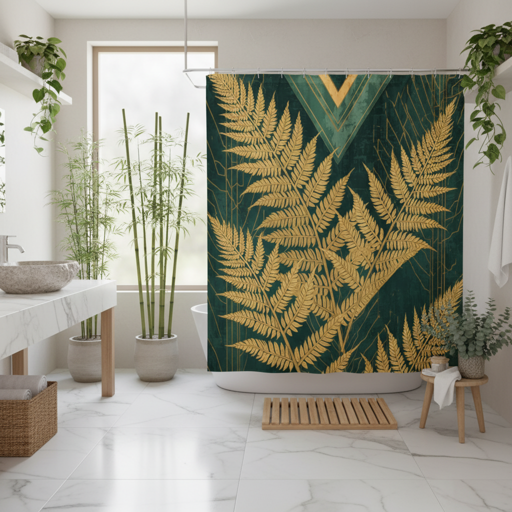 Golden fern shower curtain in serene spa bathroom with marble and bamboo