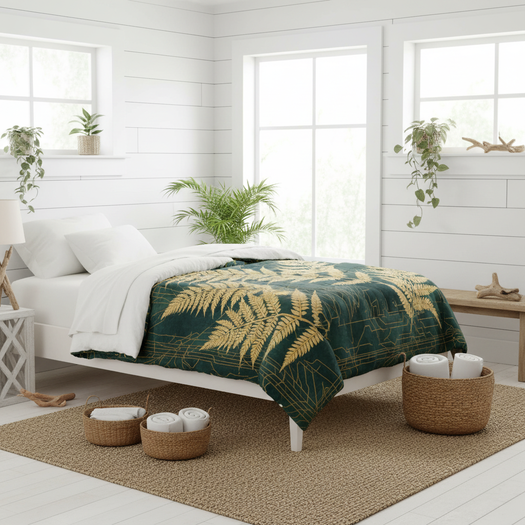 Golden fern twin XL comforter in bright white coastal bedroom