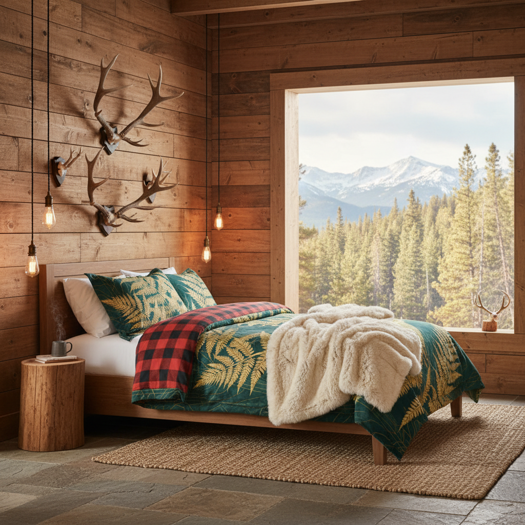 Golden fern twin XL comforter in rustic mountain lodge bedroom