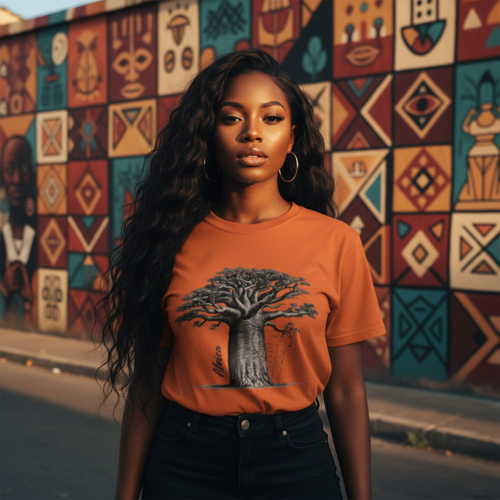 Gorgeous Black woman wearing burnt orange baobab t-shirt with African mural