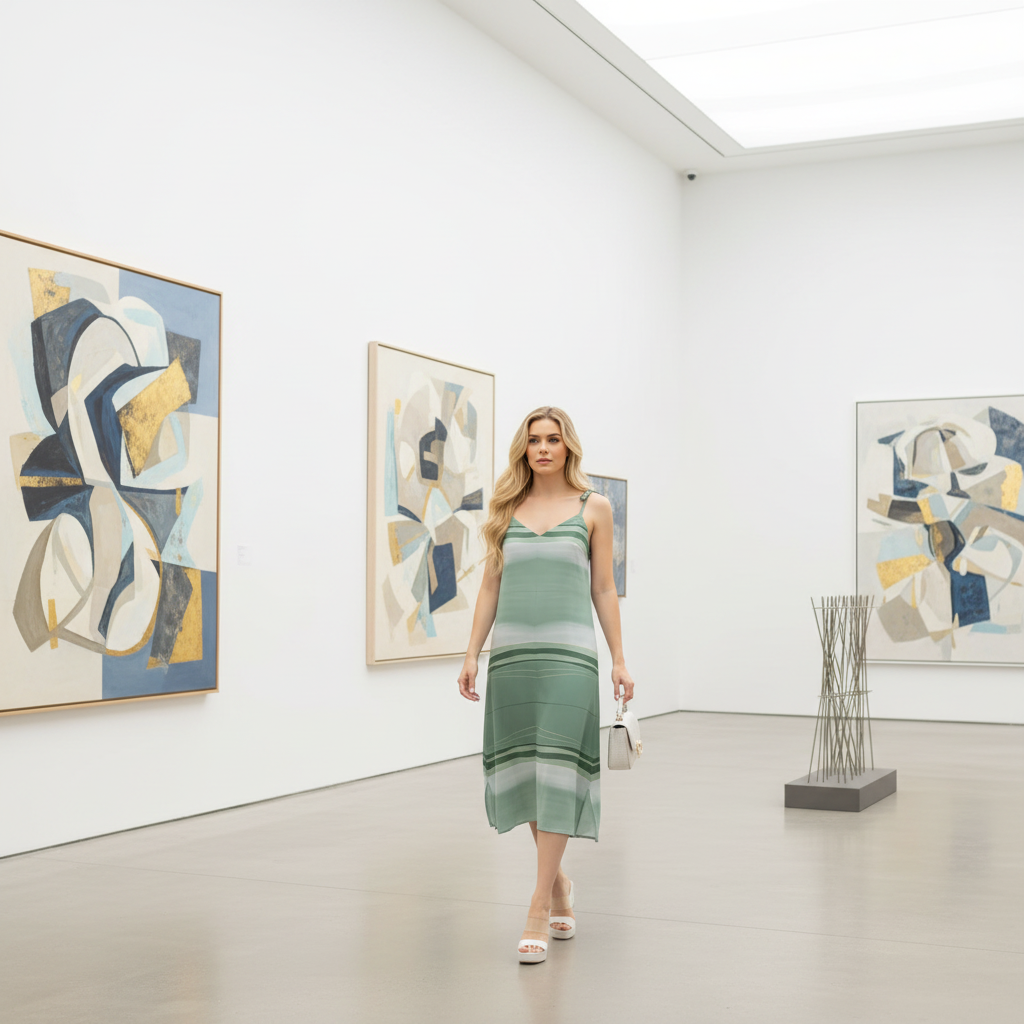 Gorgeous blonde woman in mint stripe midi dress modern art gallery white platform sandals