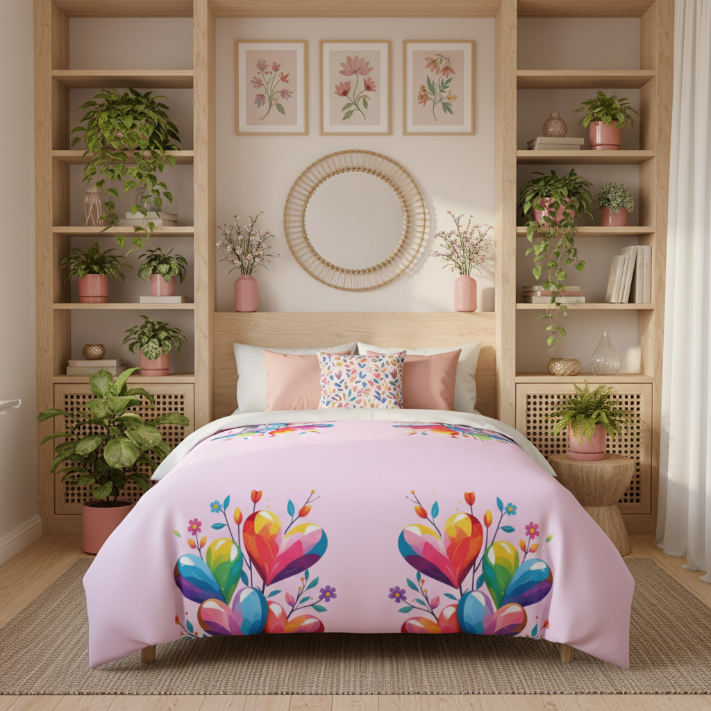 Gorgeous bright botanical bedroom with twin bed and colorful hearts duvet