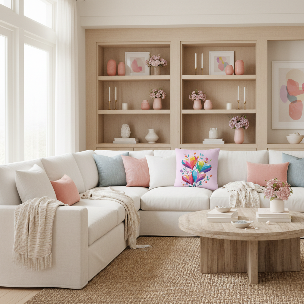 Gorgeous bright living space with colorful hearts square pillow