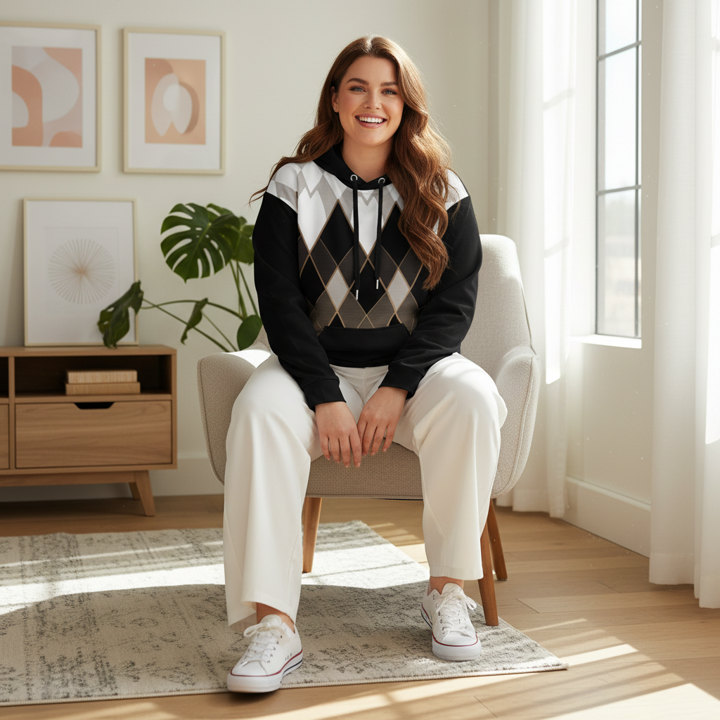 Gorgeous plus-size woman wearing Art Deco hoodie loosely over white wide-leg pants with white sneakers