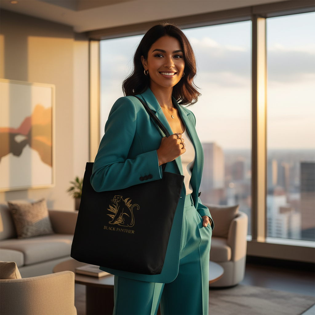 Gorgeous woman in elegant teal ensemble with Black Panther eco tote bag radiating positive energy
