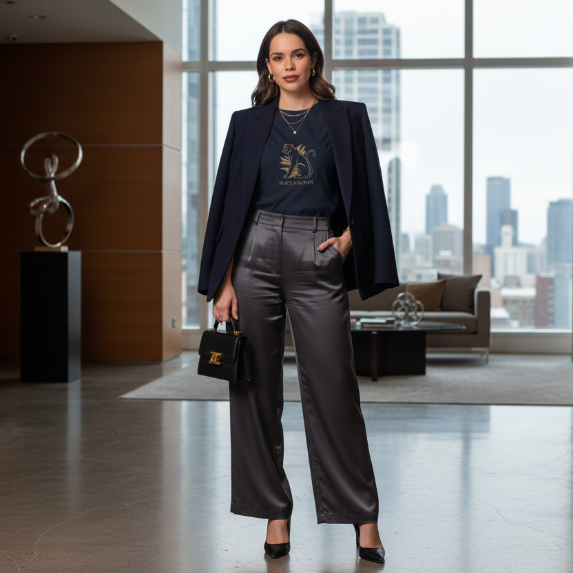 Gorgeous woman in navy Black Panther t-shirt styled in elegant modern outfit with tailored coat