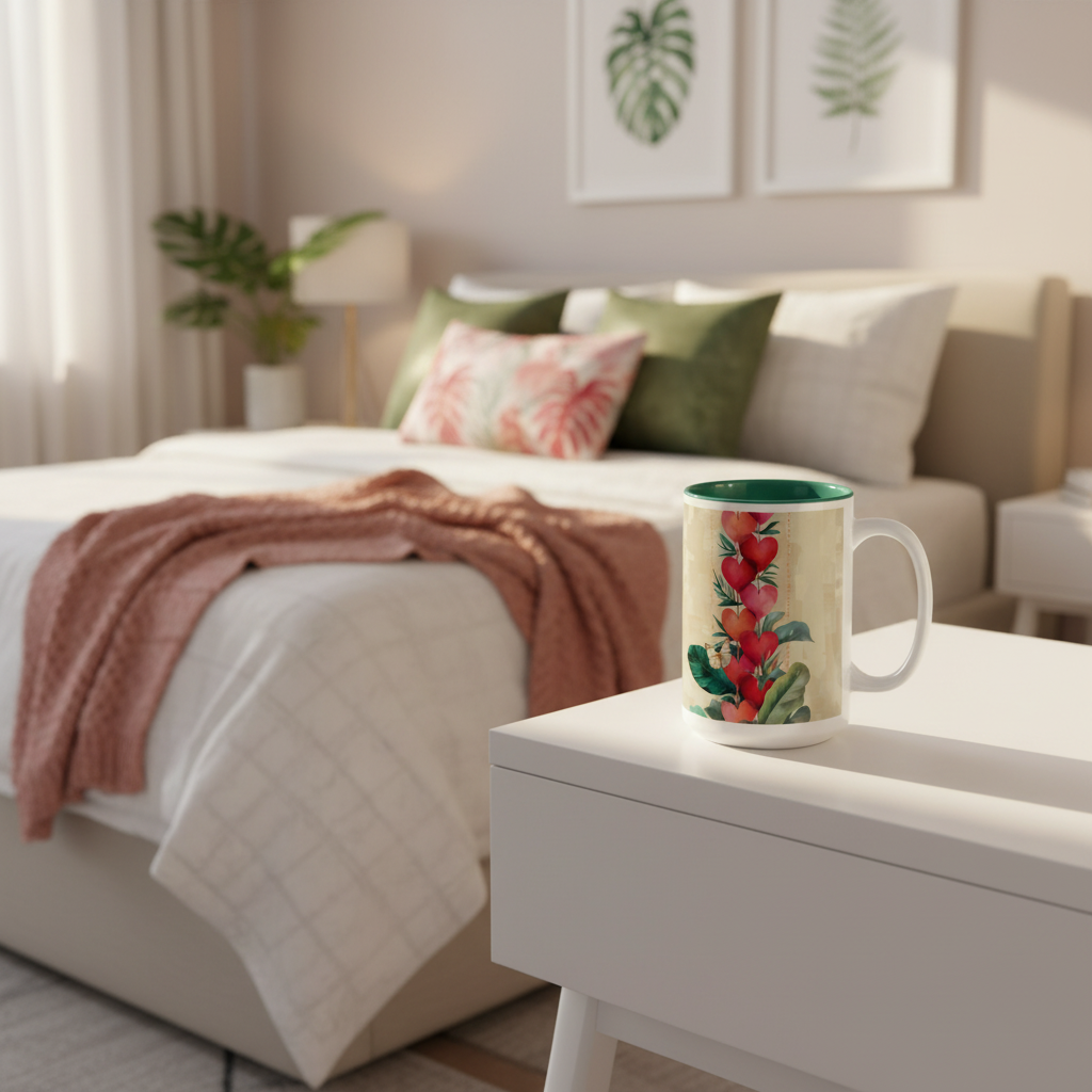 Green hearts mug in bedroom