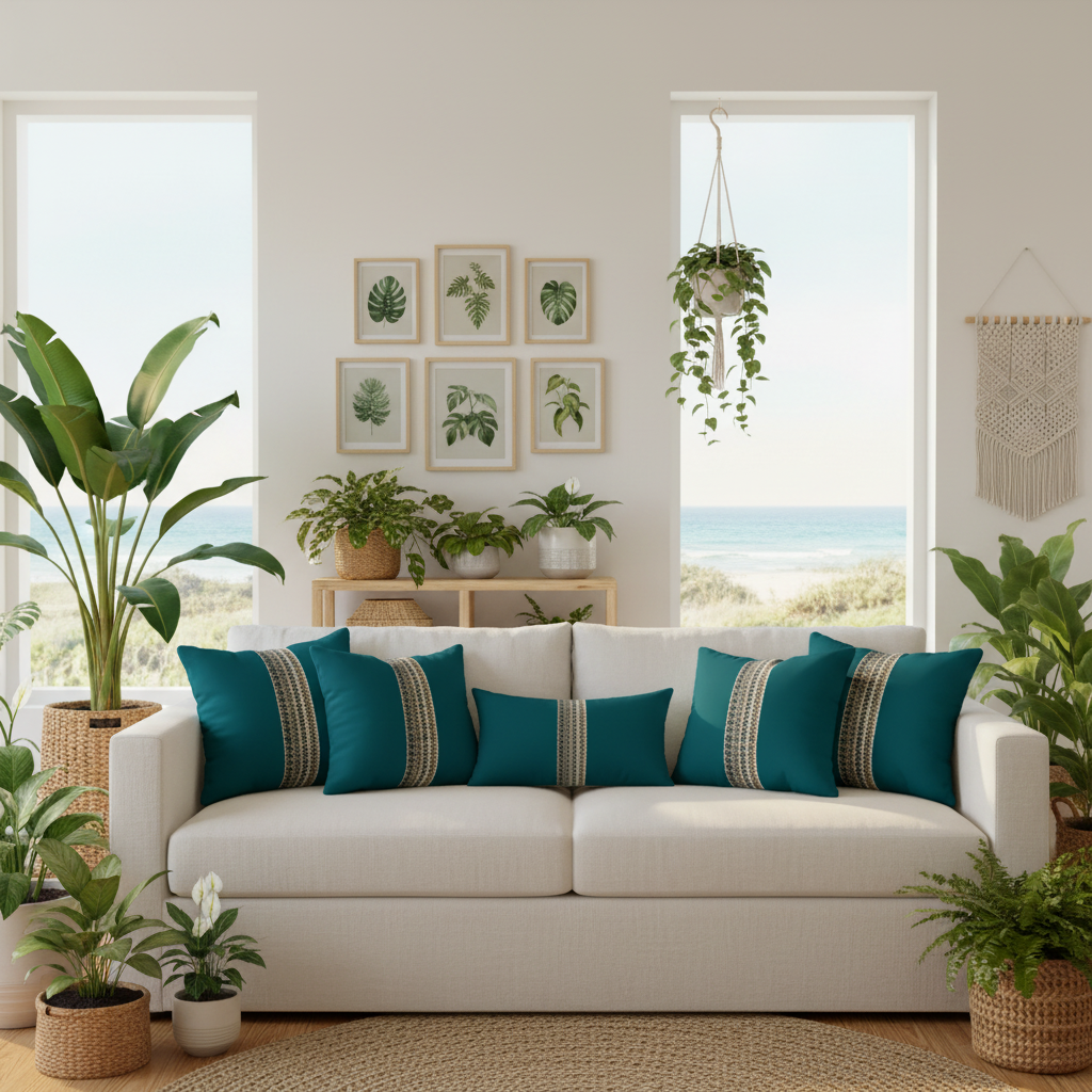 Green oasis living space with teal pillows