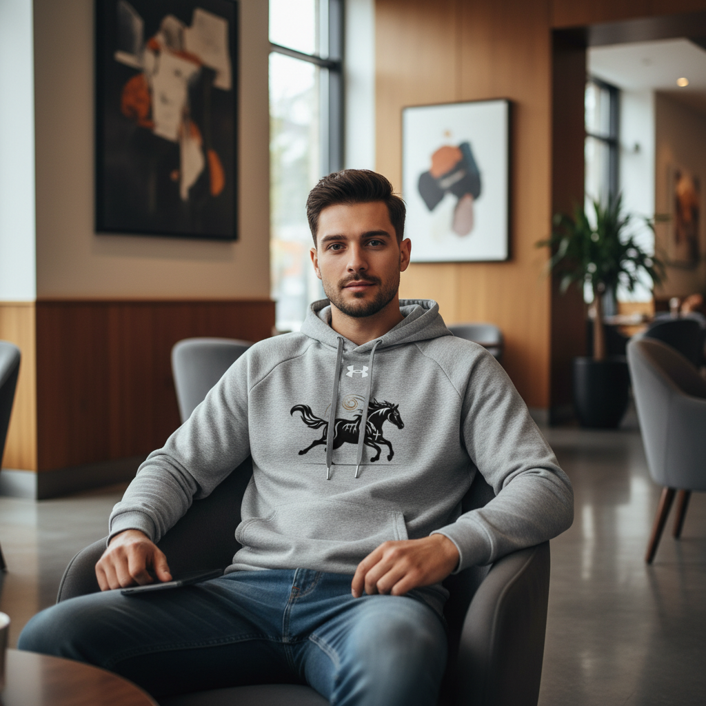 Grey Under Armour hoodie with running horse motif on man - Premium branded casual wear with original Wild Horse design