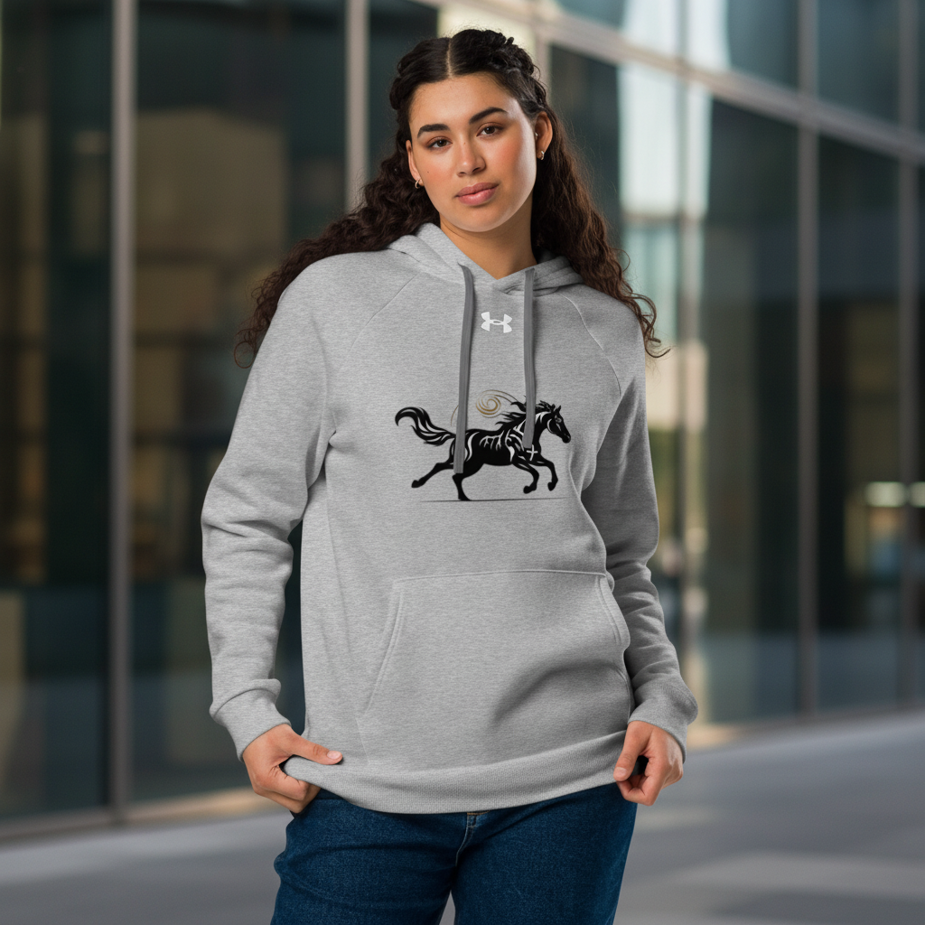 Grey Under Armour hoodie with black running horse motif - Premium branded sportswear with original Wild Horse design