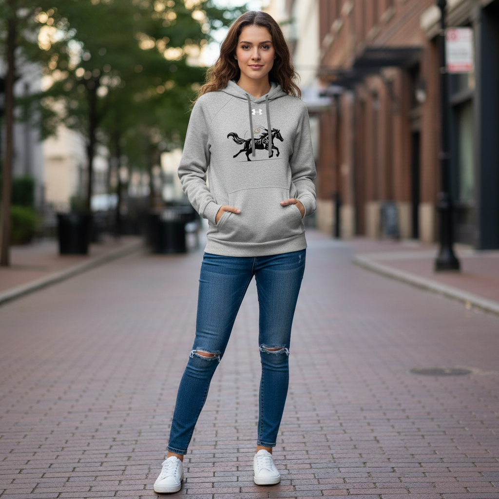 Stylish woman in grey Under Armour hoodie featuring unique horse design - Luxury branded hoodie for nature lovers and free spirits