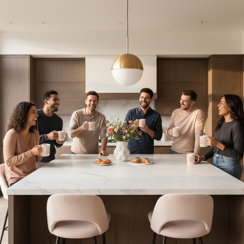 Group of friends enjoying coffee together with pink Black Panther mugs in beautiful modern kitchen