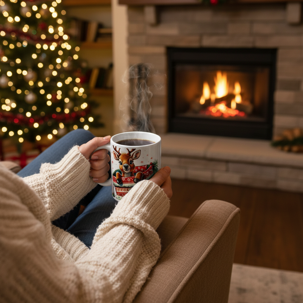 Hands holding Baby Reindeer mug by fireplace