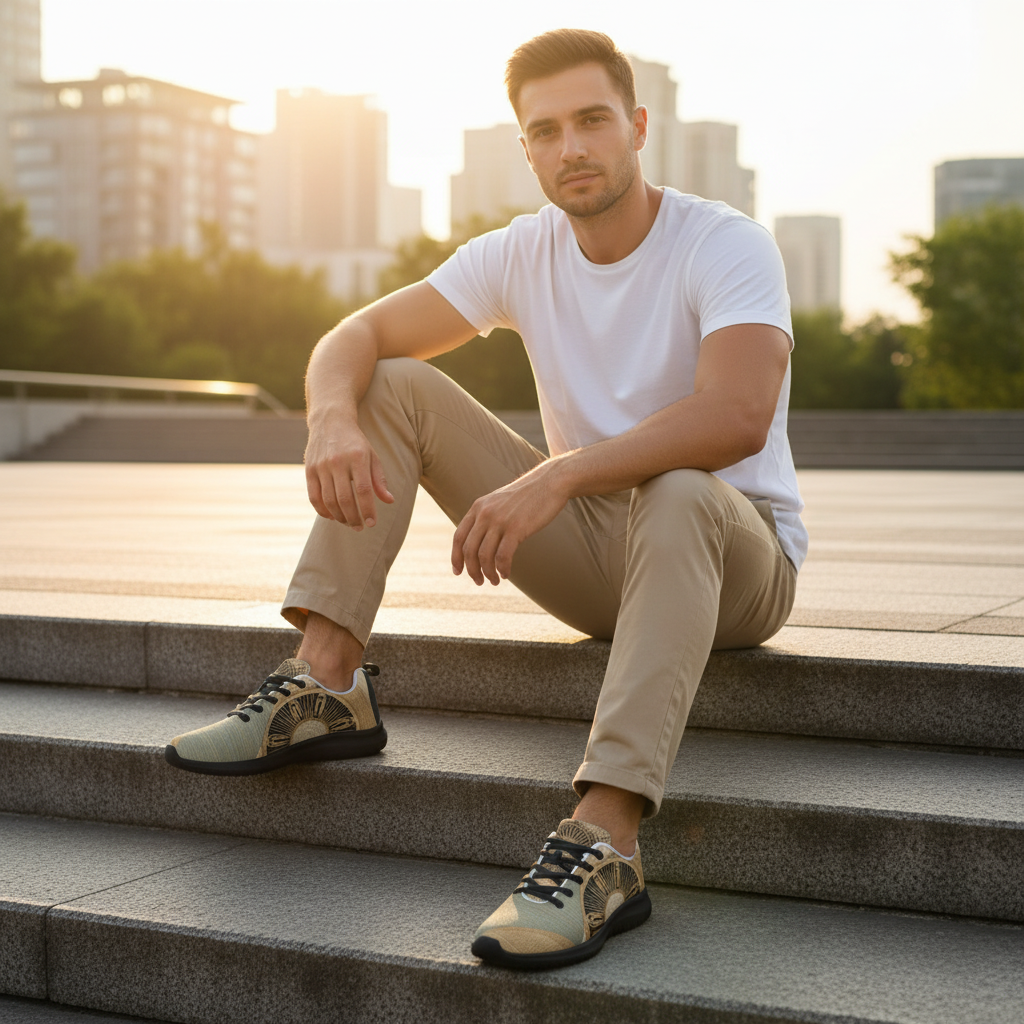 Handsome athletic man sitting relaxed on concrete urban steps, full body visible, wearing earth tones athletic shoes with black sole and gold compass mandala design, khaki pants, white t-shirt, warm golden light