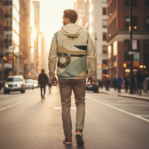 Handsome athletic man walking on city street showing the back of the earth tones windbreaker with gold compass medallion designs clearly visible, warm golden afternoon light