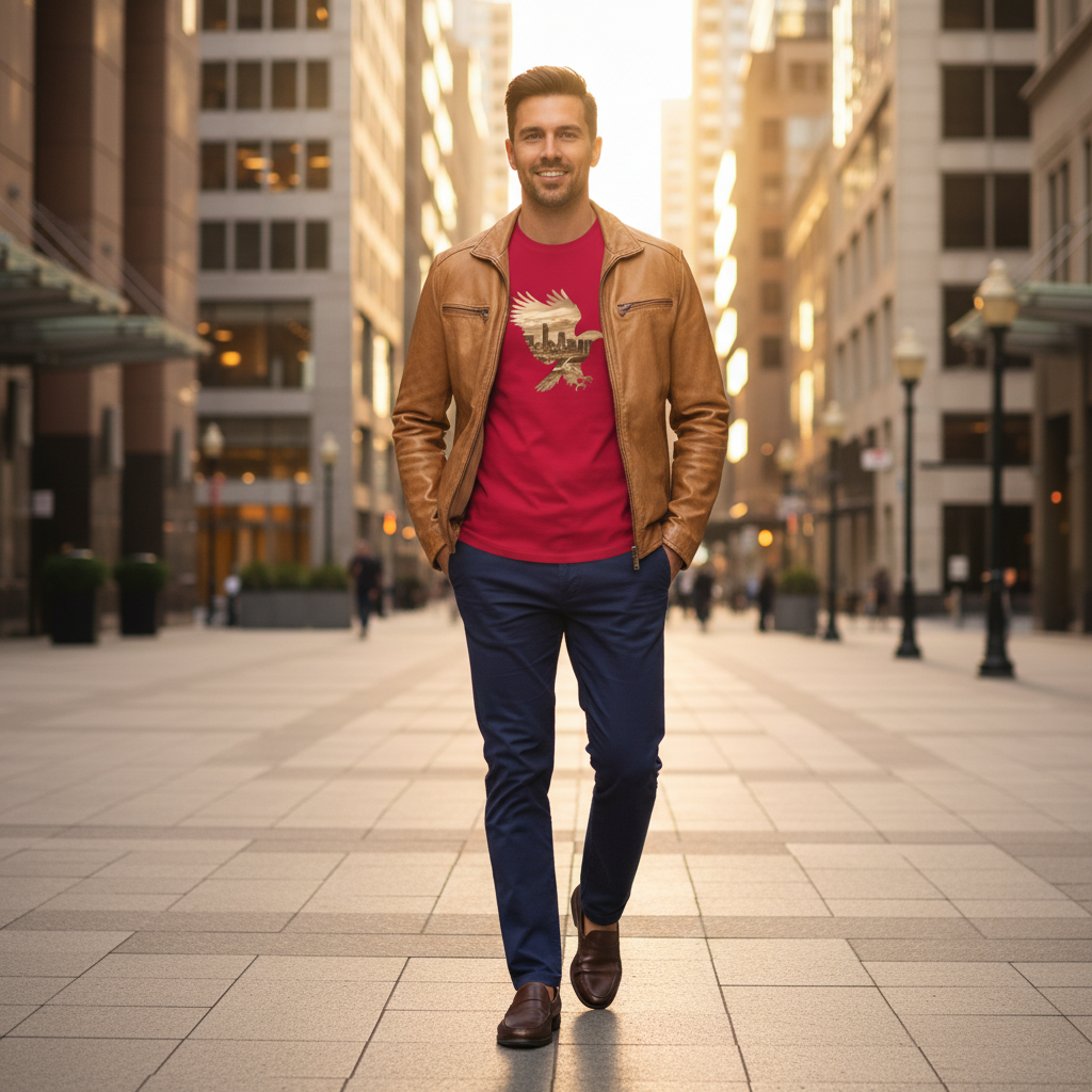 Handsome man in cardinal red eagle t-shirt with navy chinos and leather jacket